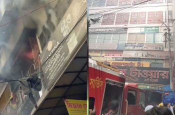 রাজধানীর খাজা মার্কেটে অগ্নিকাণ্ড, আগুন নেভানোর কাজ চলছে